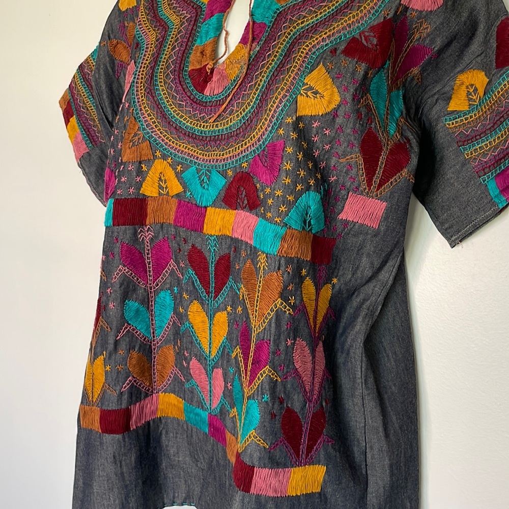 Embroidered Boho Top with Multicolor Stitching